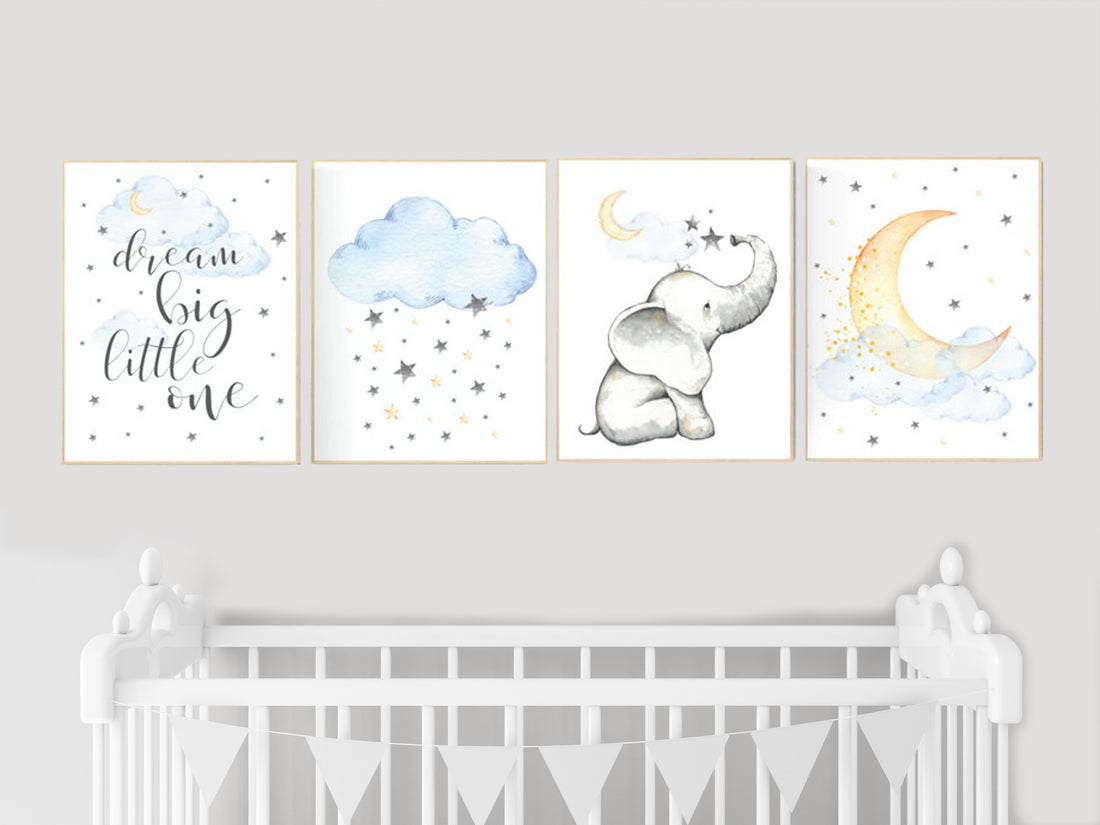 Nursery decor elephant, gender neutral dream big little one, moon and cloud nursery decor