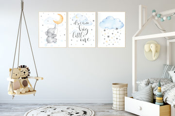 Elephant nursery, gender neutral nursery wall art, yellow, blue, dream big little one, moon, cloud