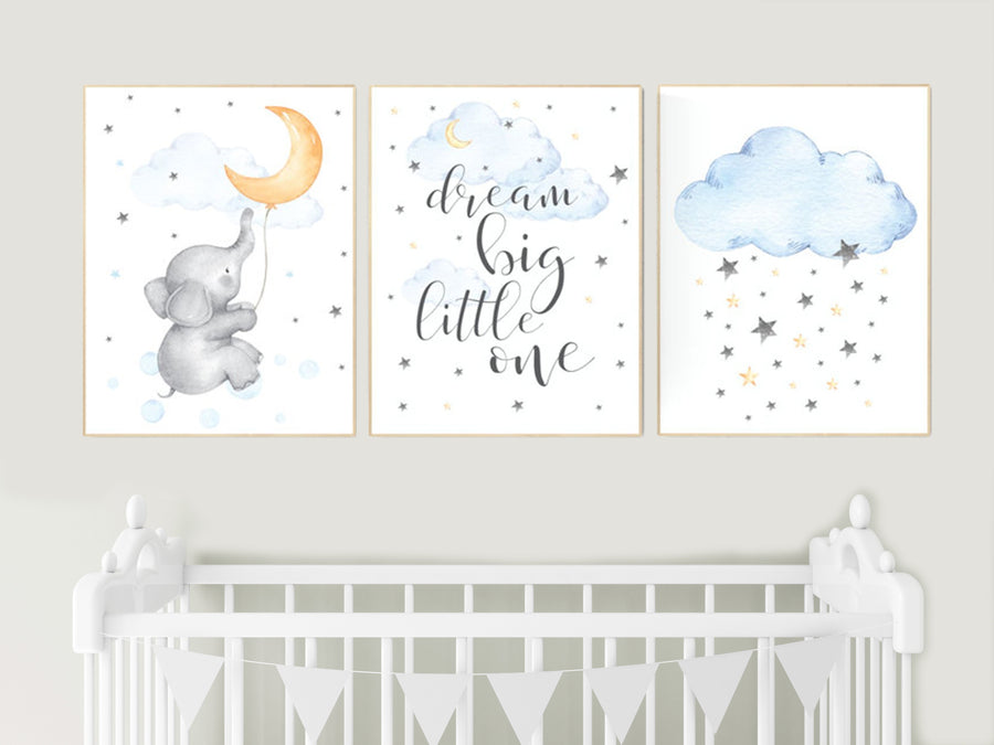 Elephant nursery, gender neutral nursery wall art, yellow, blue, dream big little one, moon, cloud