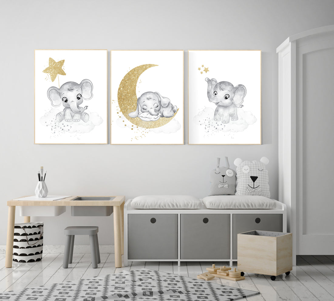 Nursery wall art grey, gray gold nursery, elephant nursery, nursery decor neutral, gender neutral