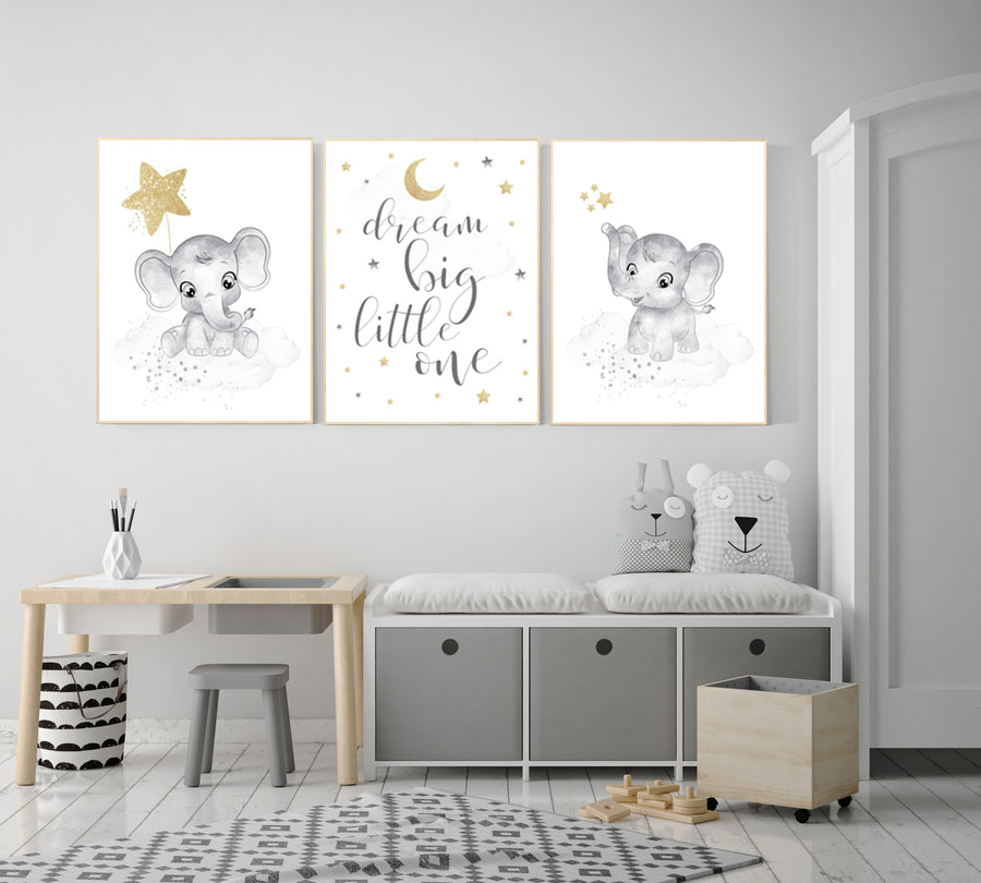 Nursery wall art gold gray, gender neutral nursery, gold nursery, elephant nursery, grey