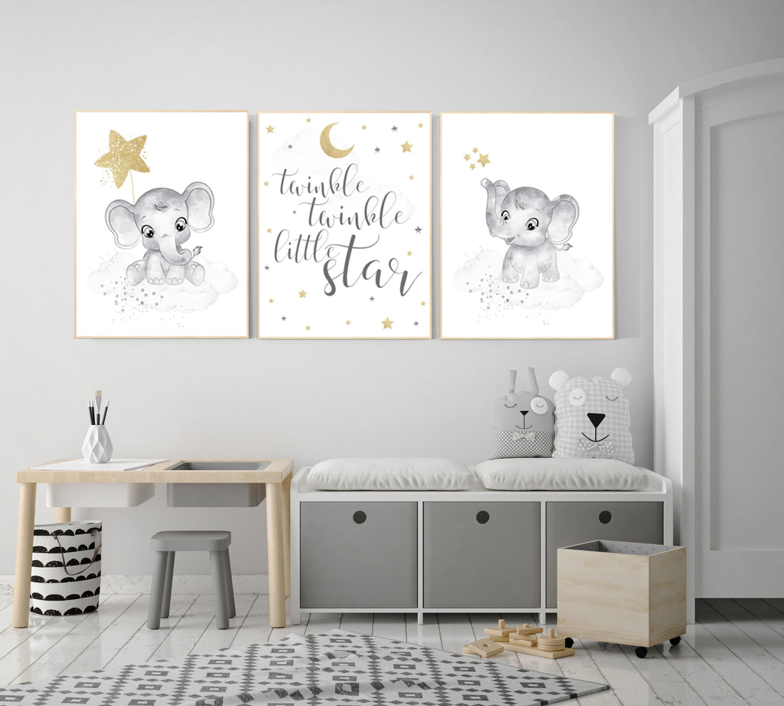 Gender neutral nursery wall decor, grey gold, gray gold, elephant nursery wall decor