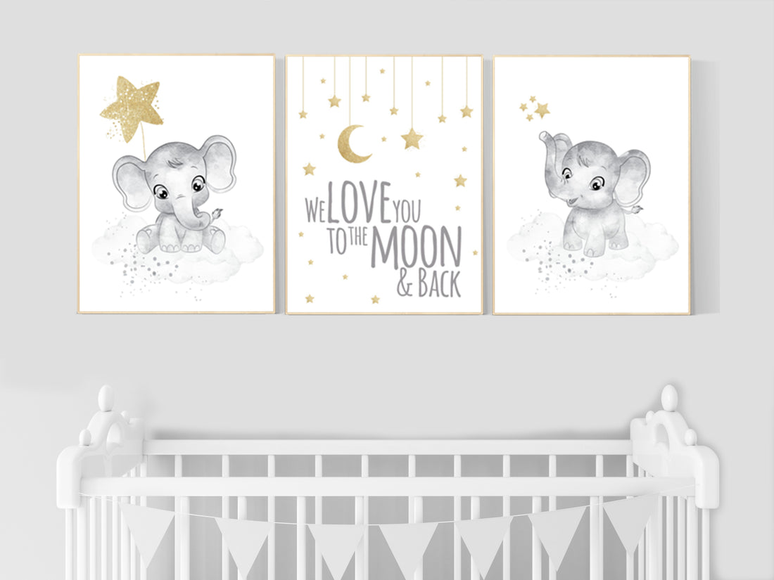 Gender neutral nursery wall decor, grey gold, gray gold, elephant nursery, to the moon and back