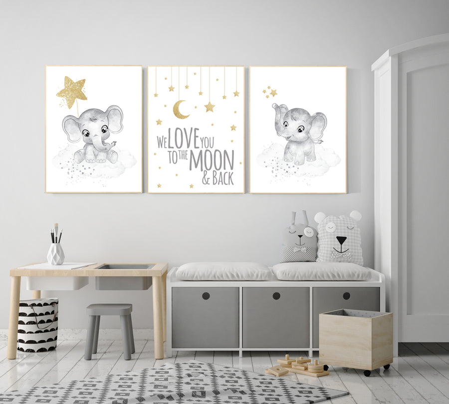 Gender neutral nursery wall decor, grey gold, gray gold, elephant nursery, to the moon and back