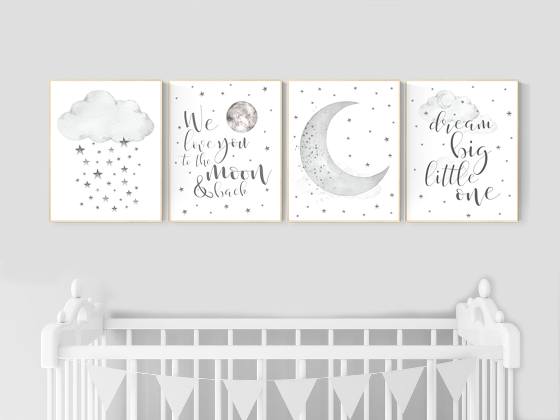 Nursery wall art grey, gray nursery, nursery decor neutral, gender neutral, moon stars, grey nursery