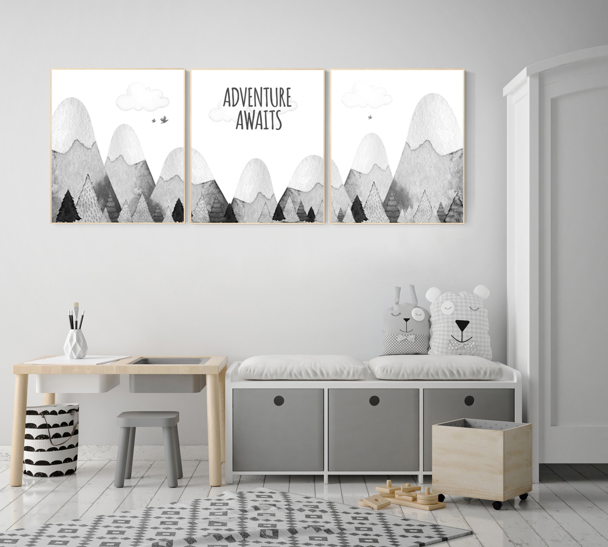 Nursery Soft Blue Gray Mountain Landscape and Little Hot Air