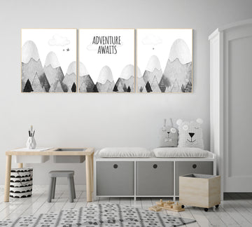 Nursery decor gender neutral, mountain nursery, gray nursery, adventure nursery, travel theme