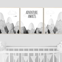 Nursery decor gender neutral, mountain nursery, gray nursery, adventure nursery, travel theme