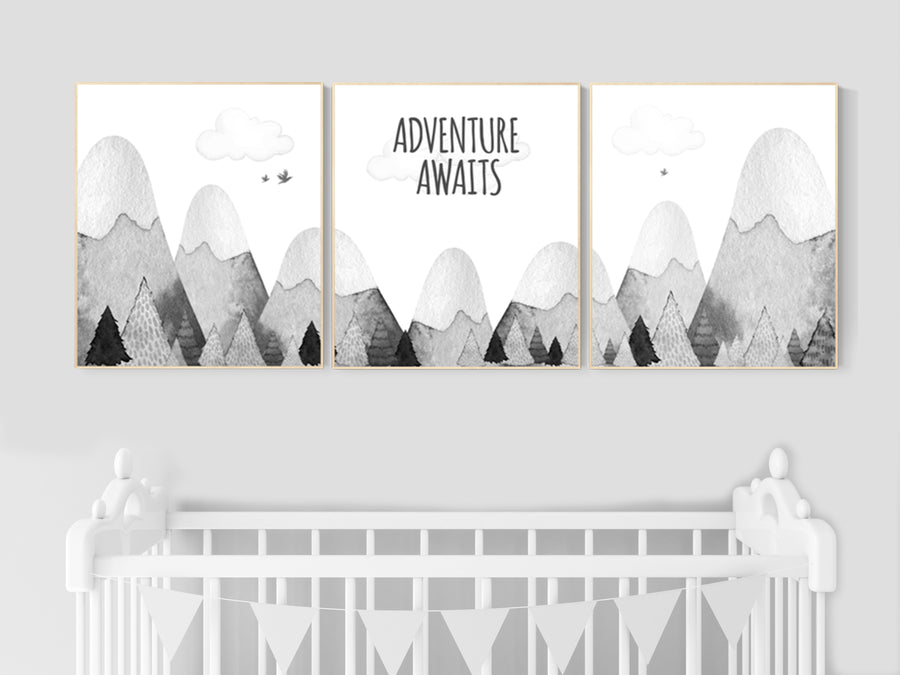 Nursery decor gender neutral, mountain nursery, gray nursery, adventure nursery, travel theme