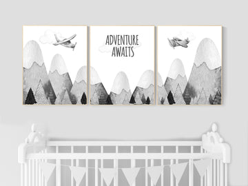 Nursery decor gender neutral, mountain nursery, gray nursery, adventure nursery, travel theme