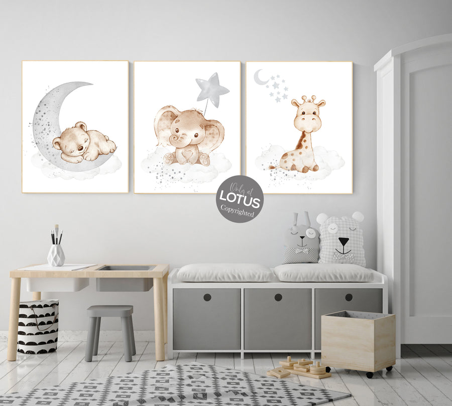 Nursery wall art animals, gray nursery, gender neutral nursery, neutral nursery, baby room decor