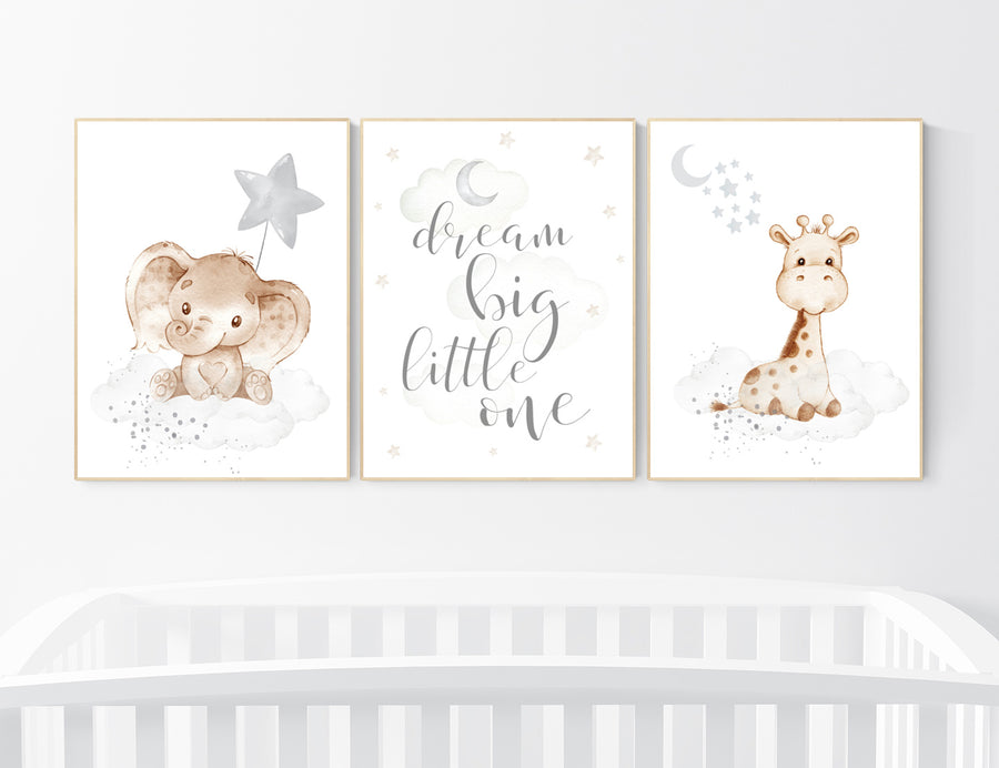 Nursery wall art animals, baby room decor gray, baby room decor, elephant, giraffe, animal prints