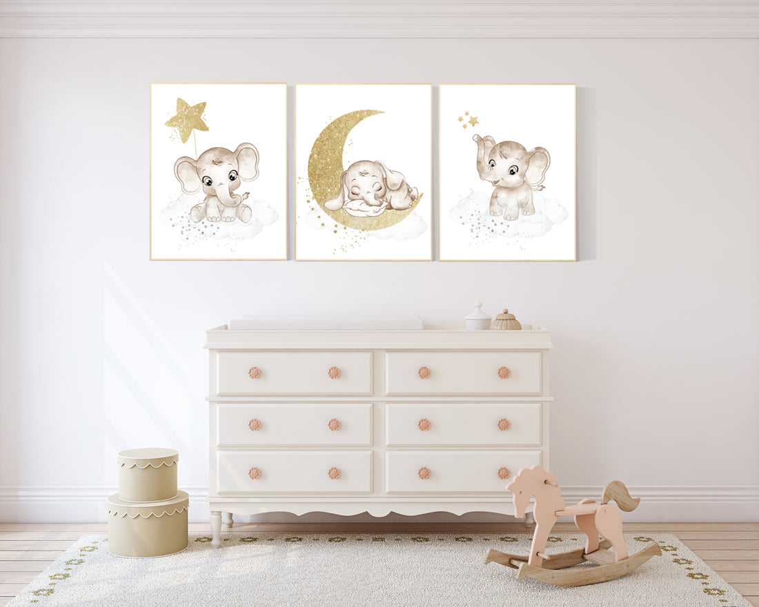 Nursery wall art grey, gray gold nursery, elephant nursery, nursery decor neutral, baby room