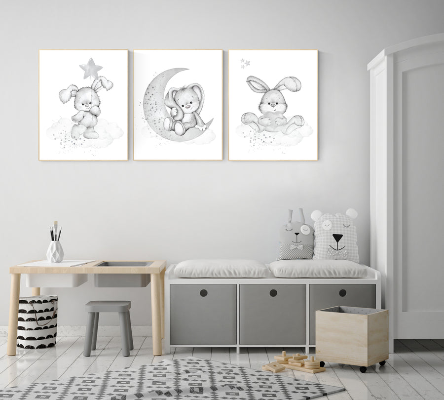 Nursery wall art grey, gray nursery, bunny, nursery decor neutral, baby room decor gender neutral