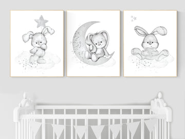 Nursery wall art grey, gray nursery, bunny, nursery decor neutral, baby room decor gender neutral