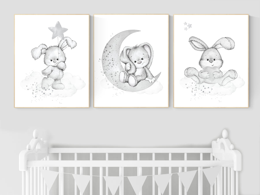 Nursery wall art grey, gray nursery, bunny, nursery decor neutral, baby room decor gender neutral