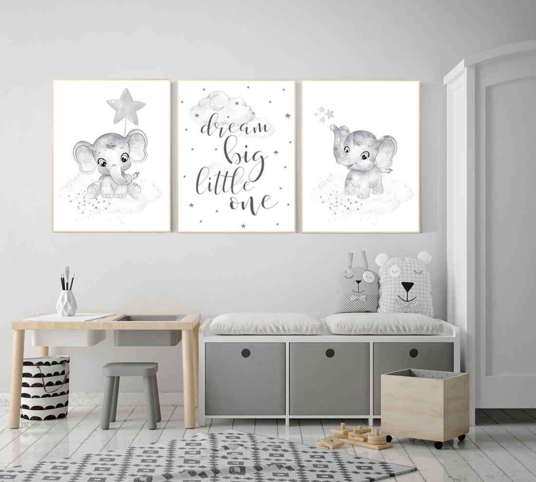 Nursery wall art grey, gray nursery, elephant, nursery decor neutral, baby room decor gender neutral