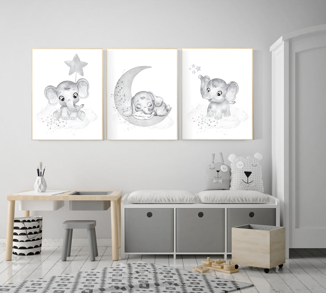 Nursery wall art gender neutral, gray nursery, elephant nursery