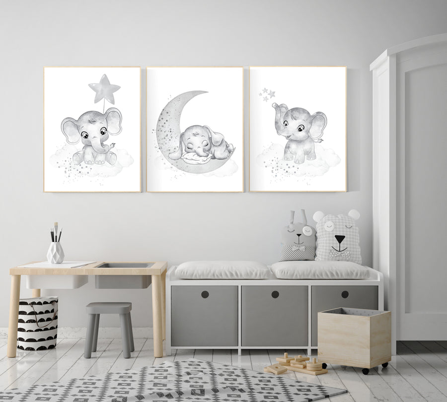 Nursery wall art gender neutral, gray nursery, elephant nursery wall decor, grey nursery, unisex, twins