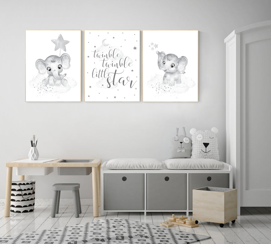 Grey nursery wall art, gender neutral, elephant nursery wall art, moon and stars, gray nursery art