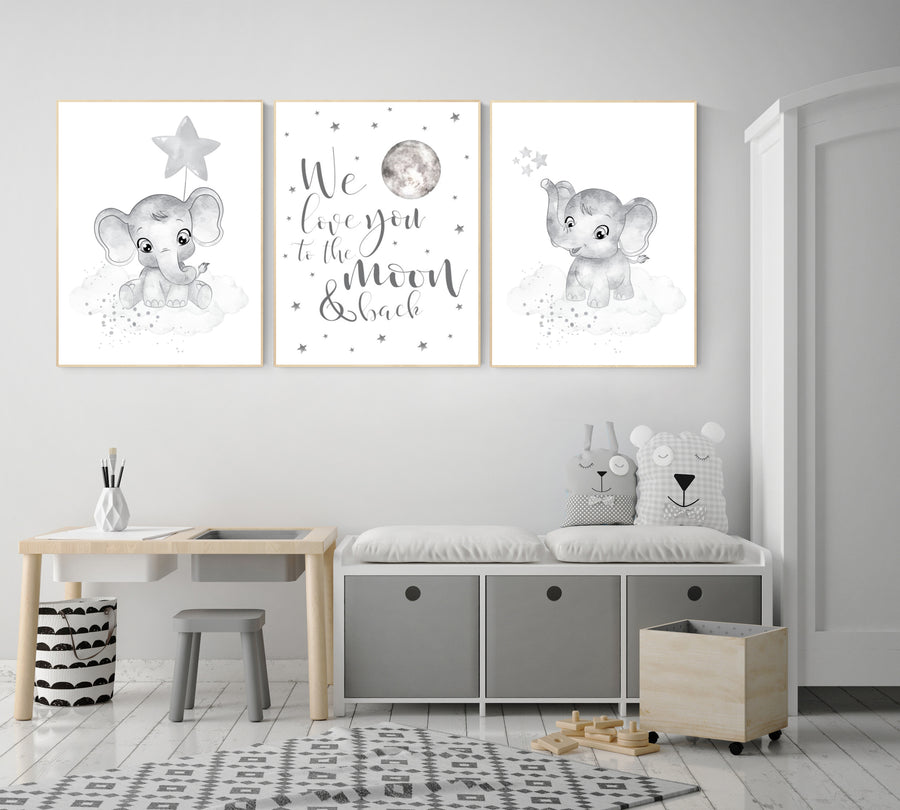 Grey nursery wall art, elephant nursery wall art, moon and stars, gender neutral, gray nursery art