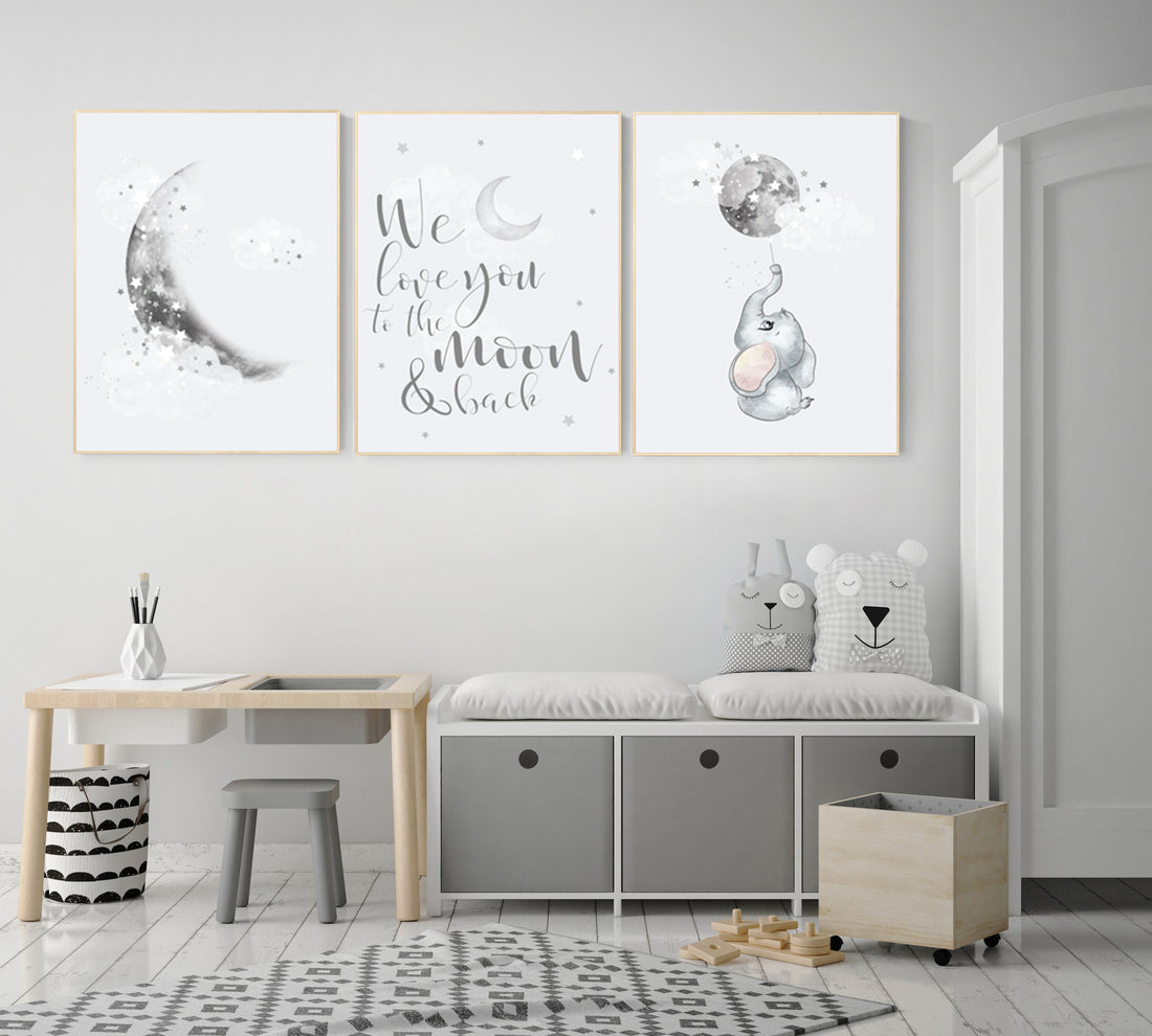 Nursery wall art grey, gray nursery, moon nursery, elephant, gender neutral nursery decor, baby room