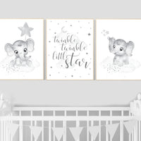 Nursery wall art grey, gray nursery, elephant, twinkle twinkle little star, gender neutral nursery