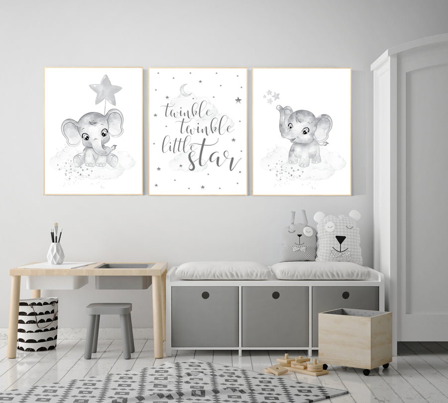 Nursery wall art grey, gray nursery, elephant, twinkle twinkle little star, gender neutral nursery