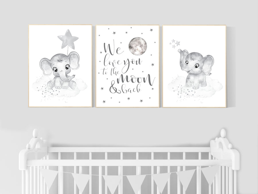Grey nursery wall decor, gray nursery, elephant, nursery decor gender neutral, baby room art