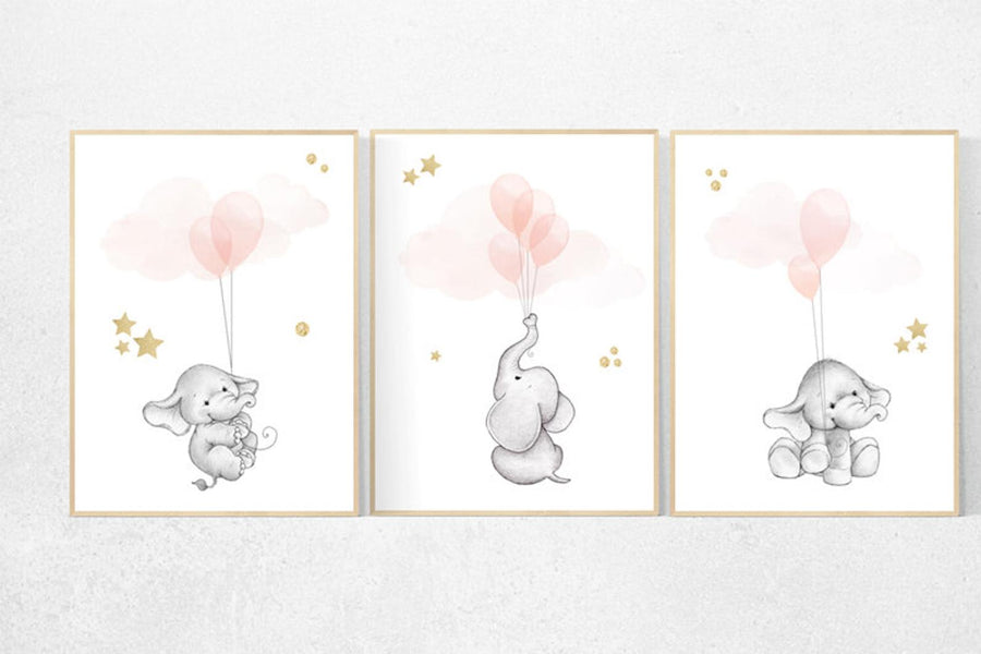 Nursery wall art girl, Blush pink nursery decor, blush gold nursery, nursery decor elephant, peach nursery