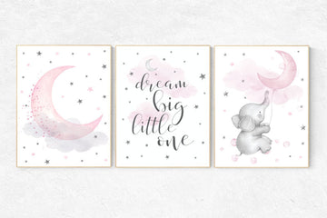 Nursery wall art girl elephant, nursery decor girl pink, dream big little one, nursery prints, baby room decor nursery room prints baby girl