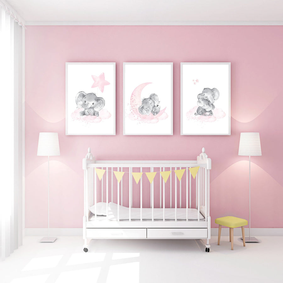 Elephant nursery art, elephant nursery print, pink and gray nursery, cloud and stars nursery