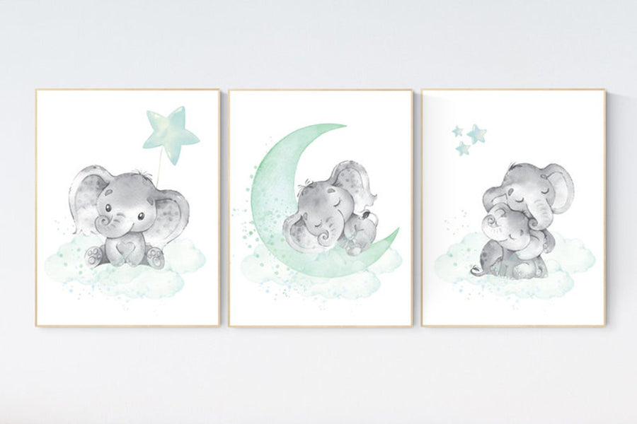 Elephant nursery art, elephant nursery print, mint nursery decor, cloud stars nursery gender neutral