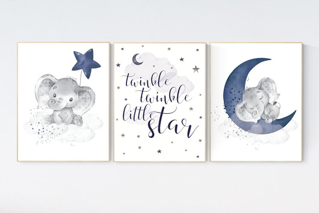 Nursery decor elephant, navy nursery decor, twinkle twinkle little sta ...