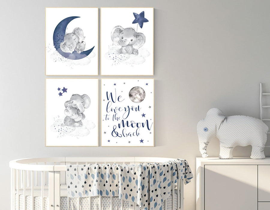 Nursery decor boy elephant, navy nursery decor, we love you to the moon and back, moon and stars