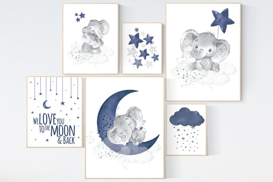Nursery decor boy elephant, nursery wall art boy, navy Blue, moon and stars, navy nursery