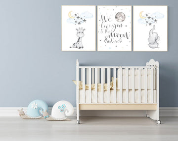 Nursery wall art elephant, nursery decor neutral, we love you to the moon and back, giraffe nursery, cloud and stars, gender neutral