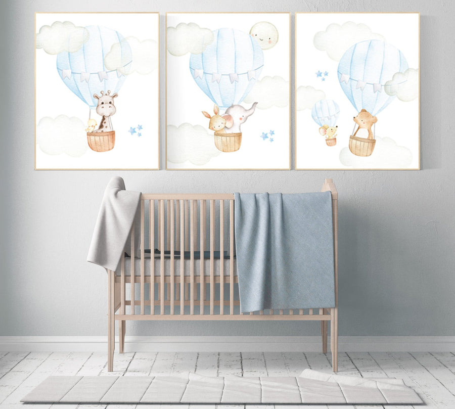 Nursery decor boy adventure, blue nursery, hor air balloon, woodland animals, elephant