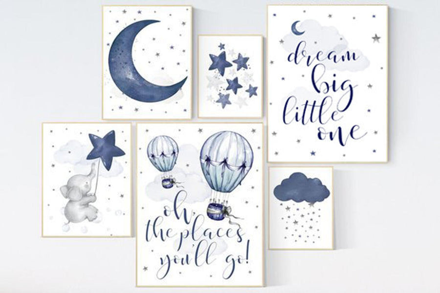 Nursery decor boy elephant, navy nursery, nursery wall art boy, navy Blue, moon, cloud and stars