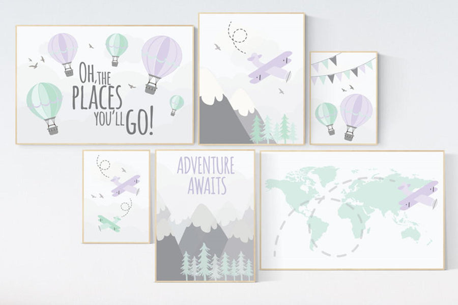 Nursery decor girl adventure, mountain, purple mint, lilac mint, Adventure theme, hot air balloon