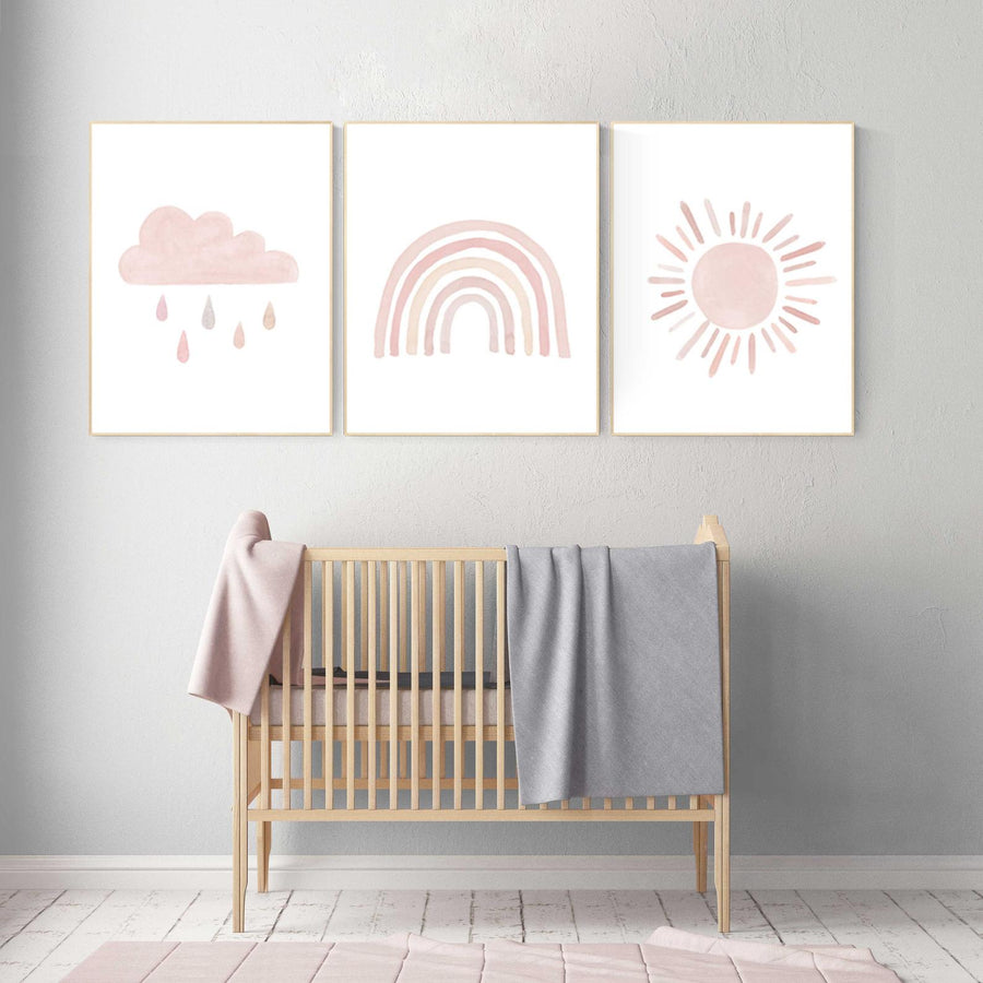 Nursery prints rainbow, Nursery decor girl, nursery wall art, blush pink, moon star, cloud