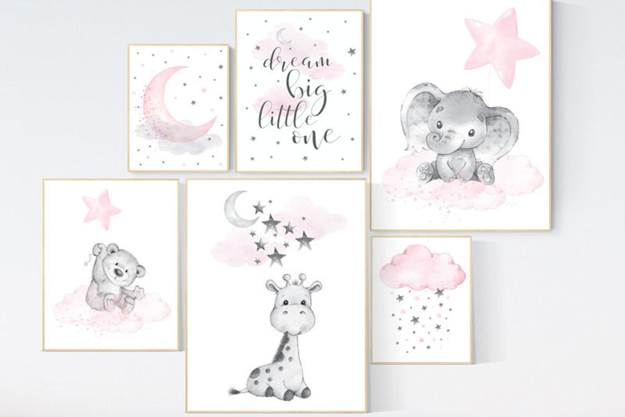 Nursery wall art girl animals, pink grey, elephant, giraffe, bear, animal prints, girl nursery ideas