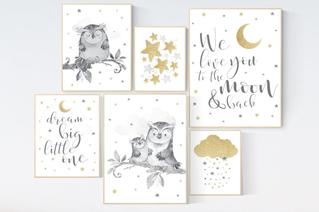 Owl nursery print set, gender neutral, gold, gray nursery, grey, we love you to the moon and back