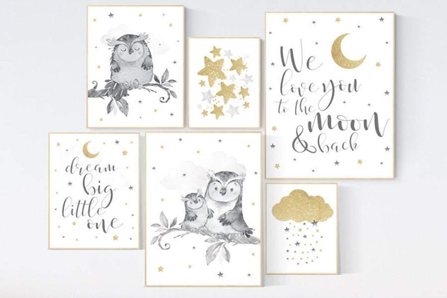 Owl nursery print set, gender neutral, gold, gray nursery, grey, we love you to the moon and back