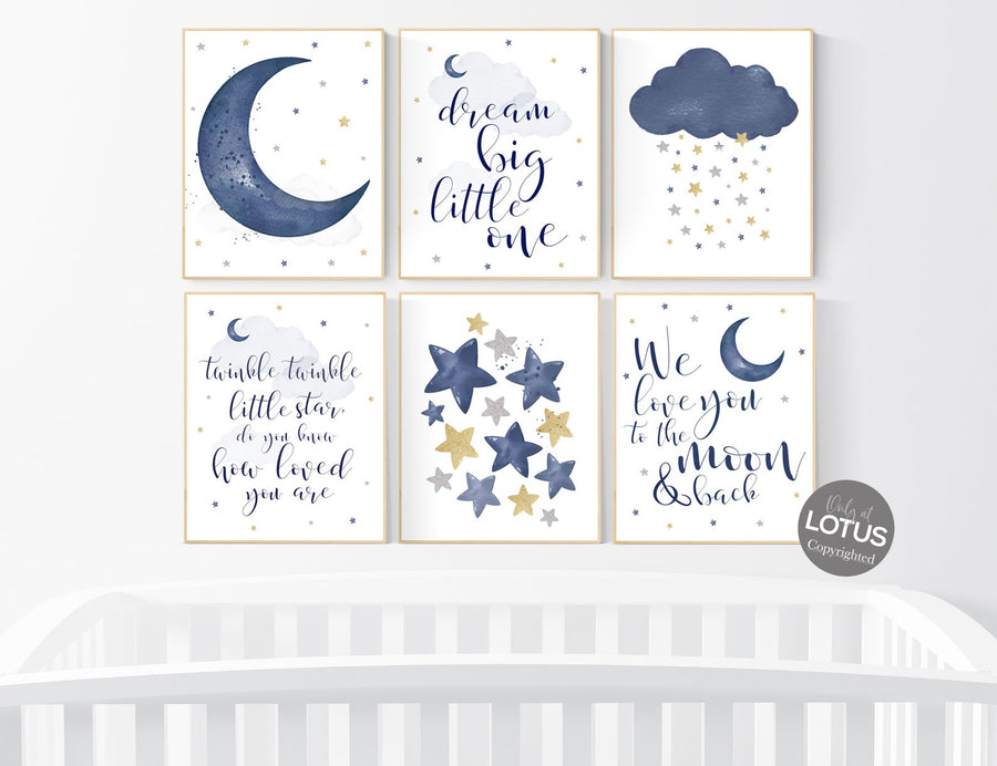 Nursery decor navy silver gold, moon and stars, navy blue, cloud and stars
