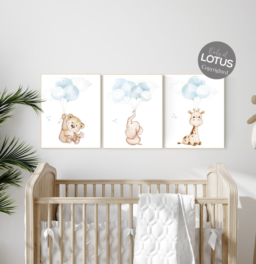 Nursery wall art animals, baby room decor blue gray, baby room decor bear