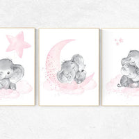 Elephant nursery art, elephant nursery print, pink and gray nursery, cloud and stars nursery