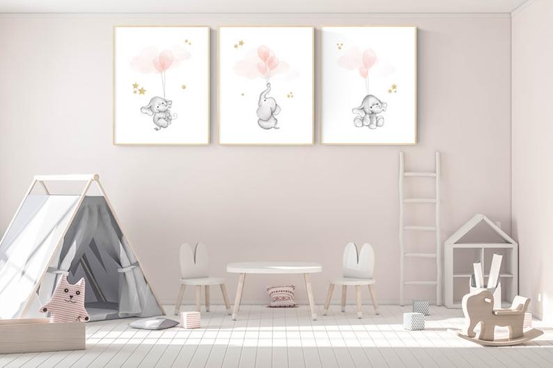 Nursery wall art girl, Blush pink nursery decor, blush gold nursery, nursery decor elephant, peach nursery