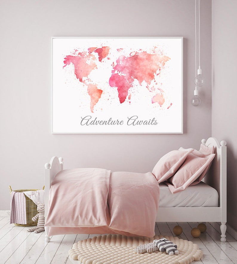 Pink world map, Watercolor World Map, Adventure awaits, Nursery Print, blush pink, girl nursery