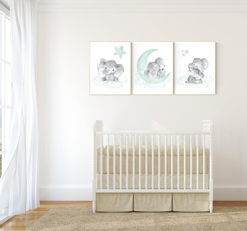 Elephant nursery art, elephant nursery print, mint nursery decor, cloud stars nursery gender neutral